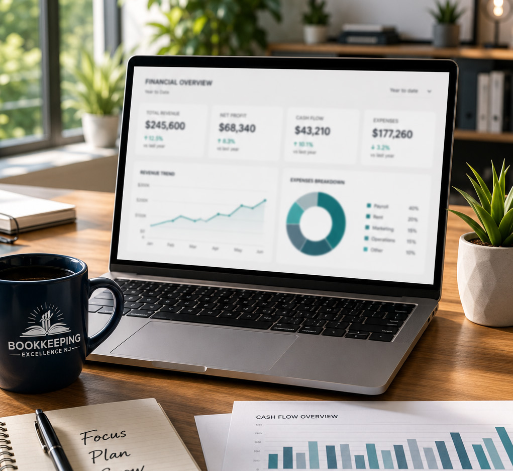 Bookkeeping workspace with a laptop, reports and a Bookkeeping Excellence mug